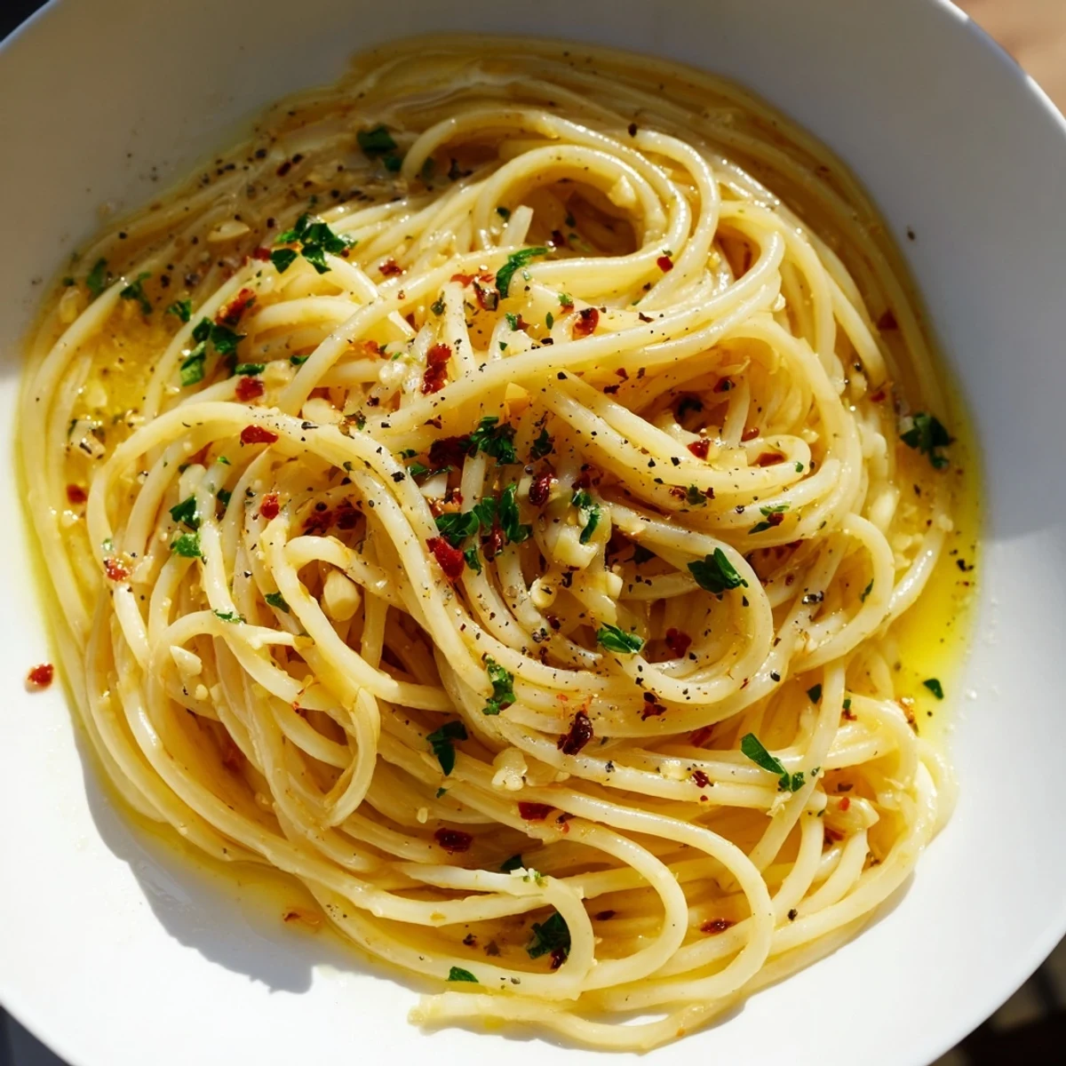 Fragrant garlic and chili flakes coat the spaghetti in this simple Aglio e Olio Express Pasta recipe.