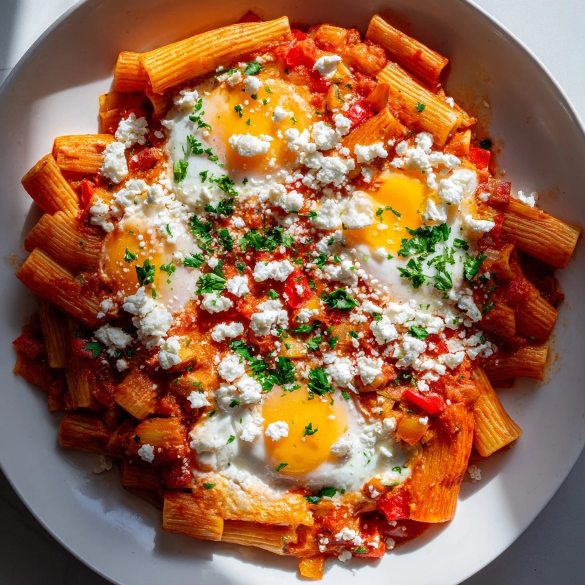 Quick Shakshuka Pasta with runny yolks, bubbly tomato sauce, herbs, and feta cheese.