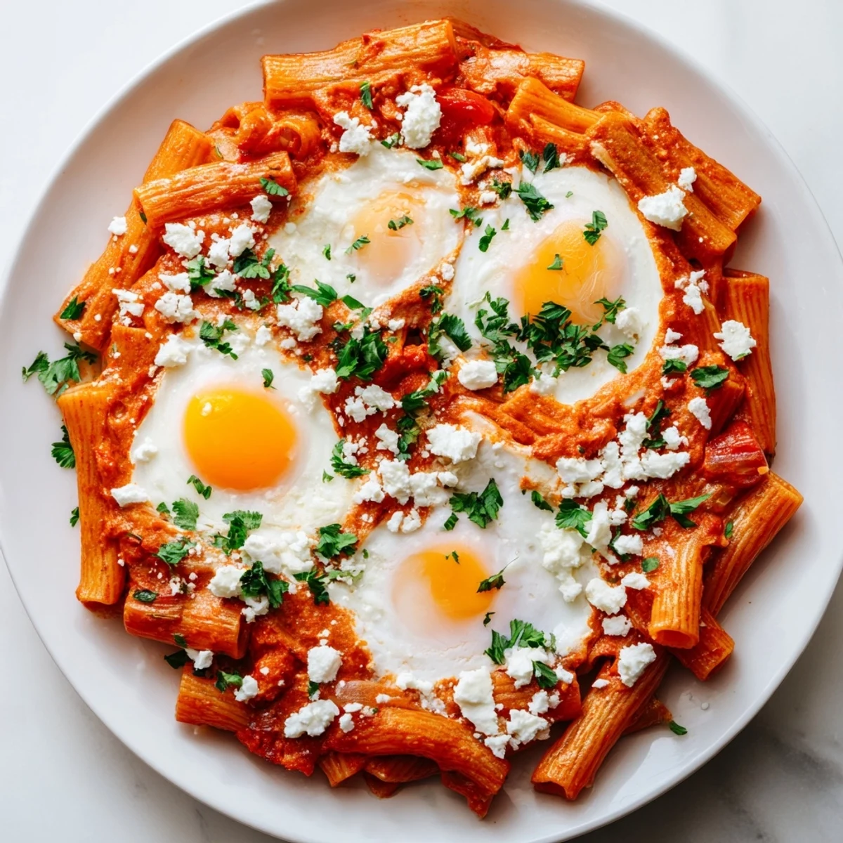 A bright, close-up view of Quick Shakshuka Pasta with a perfectly cooked egg on top.