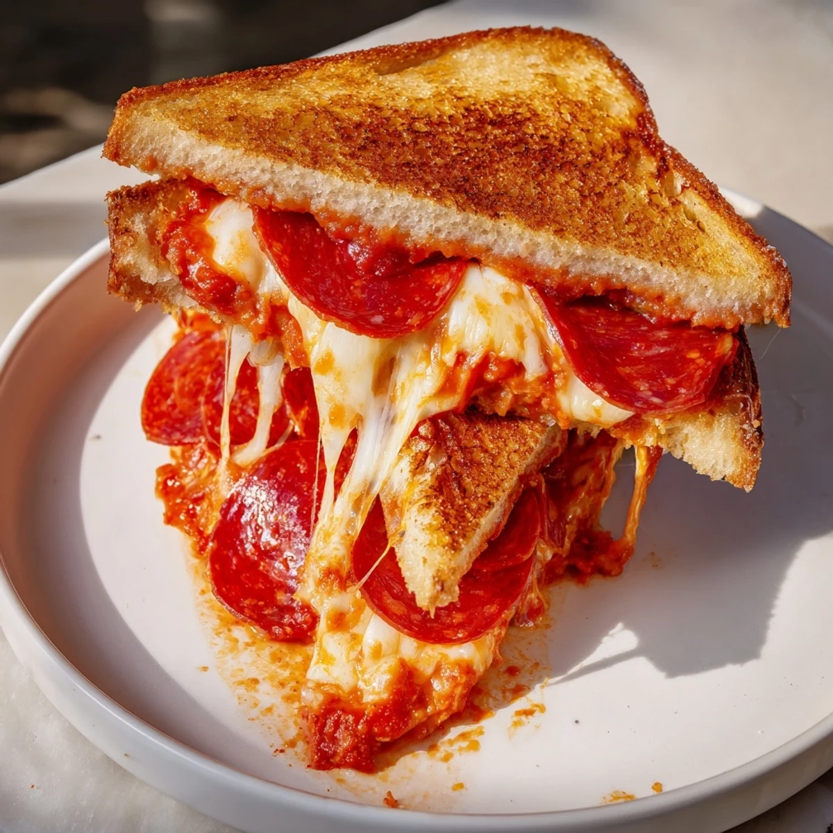 Golden-brown pizza grilled cheese oozes melted cheese and pepperoni, ready for a satisfying bite.