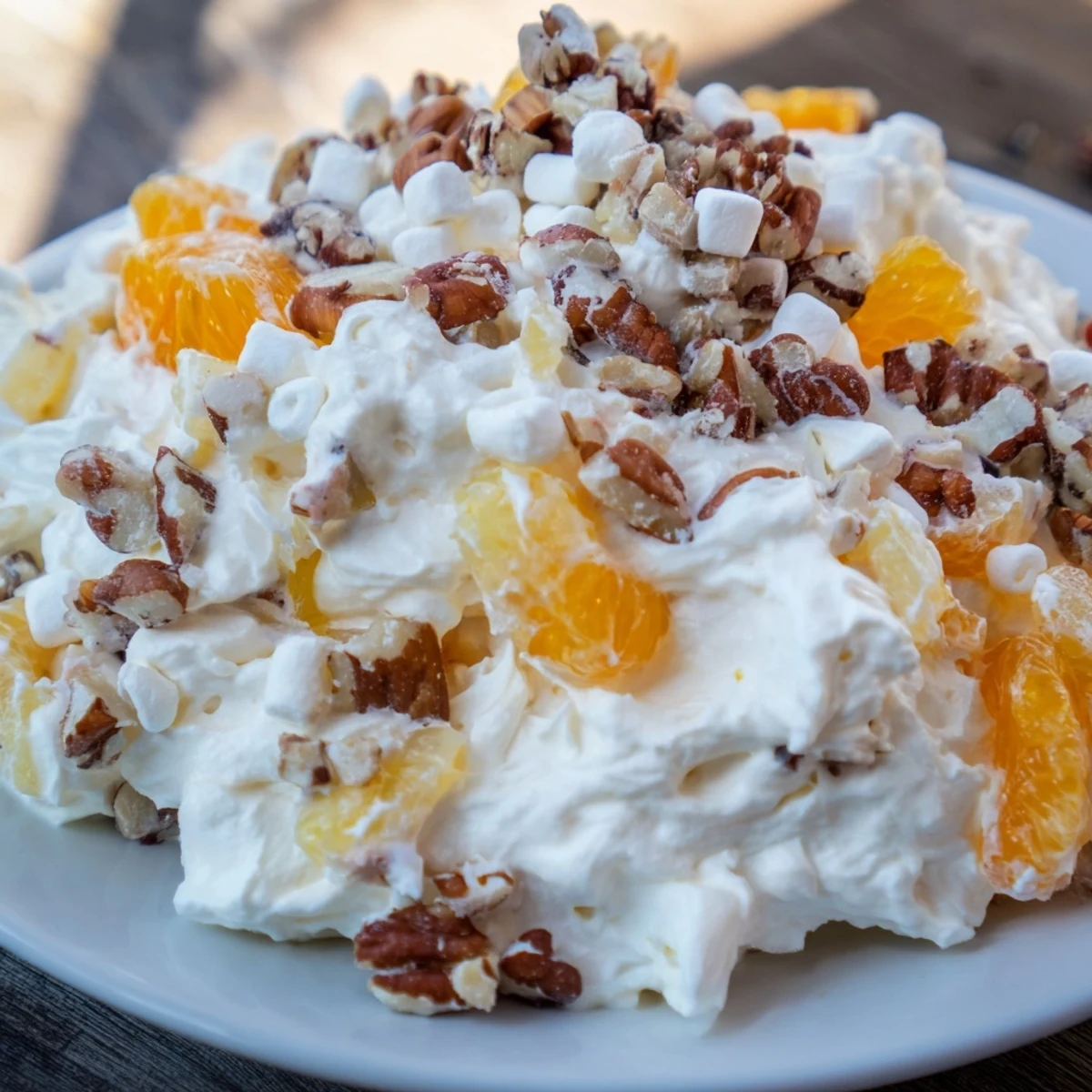 Creamy Elevated Ambrosia Salad, showcasing mandarin oranges, pecans, and bourbon-infused whipped cream, ready to serve.