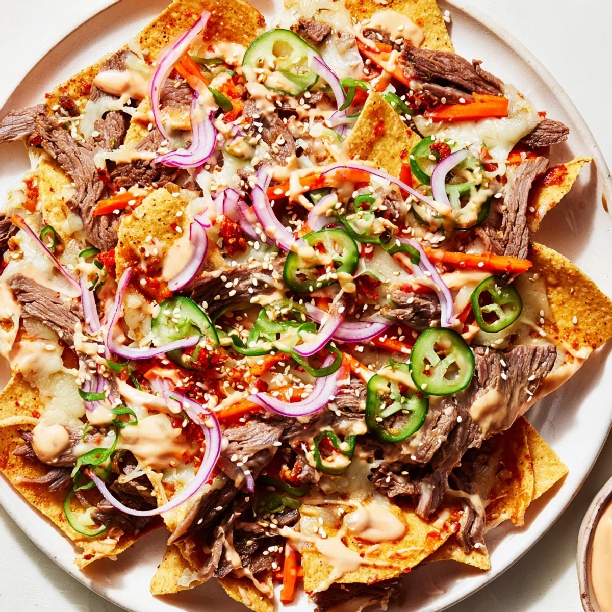 Image shows vibrant Korean BBQ Nachos, featuring beef and veggies atop crispy tortilla chips, perfect snack.