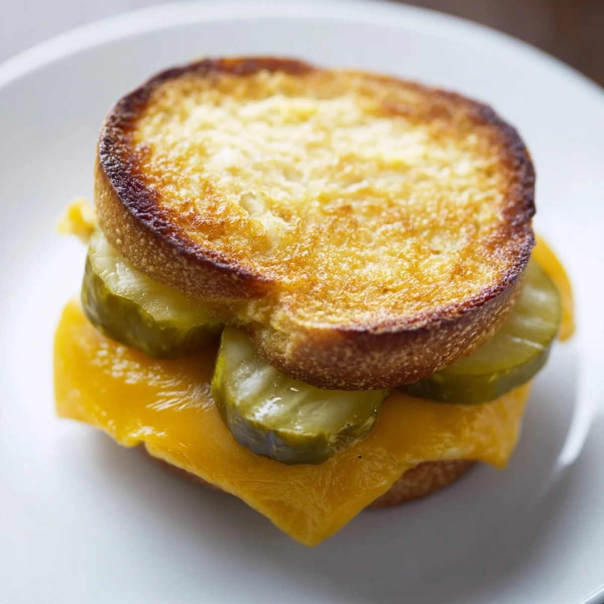 Golden, bubbly Pickle Bread Sandwich with melted cheese, a tangy pickle layer, ready to eat.