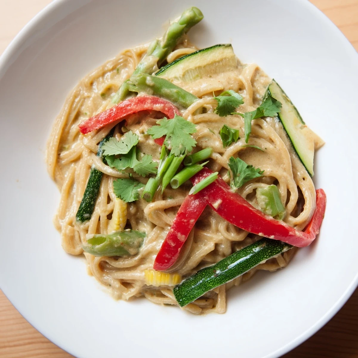 Creamy Thai Curry Pasta: a flavorful dish with colorful vegetables and a rich coconut sauce.
