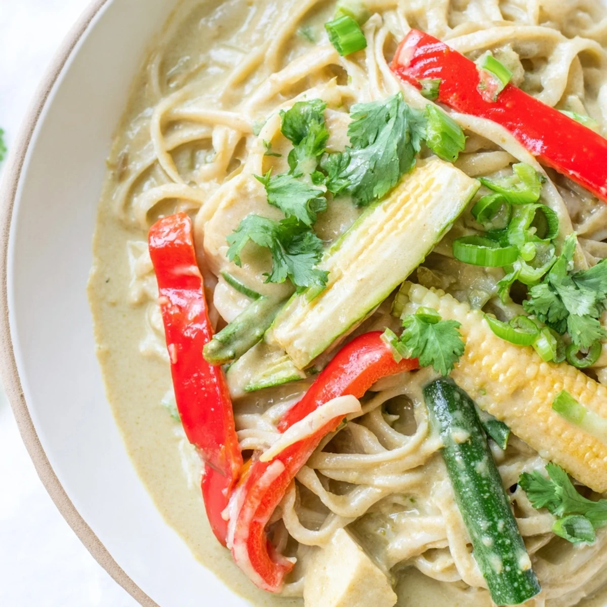 A bowl of aromatic Thai Curry Pasta, brimming with tender pasta and vibrant, crisp vegetables.