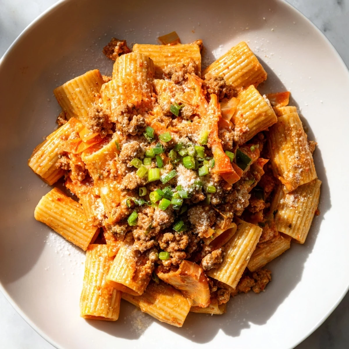 A close-up of the flavorful Chaos Cooking Kimchi Ragu Pasta, garnished with scallions and a sprinkle of cheese.