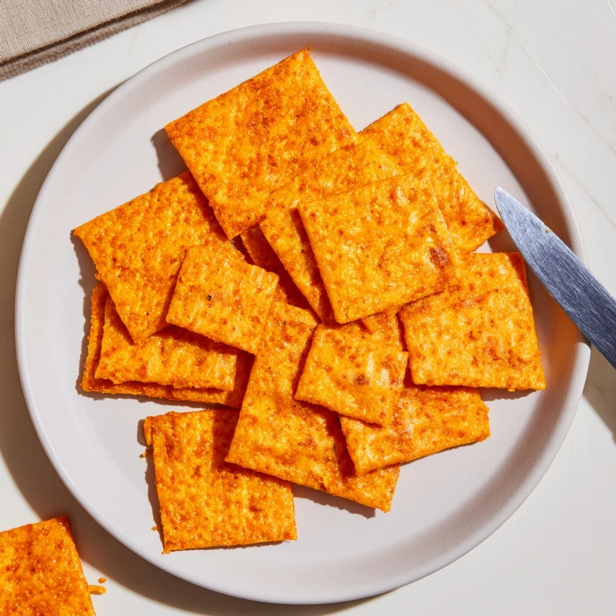 Golden-brown Crispy Cheeto Cheese Crackers arranged on a rustic wooden board, showcasing their crunchy texture and bright orange hue.