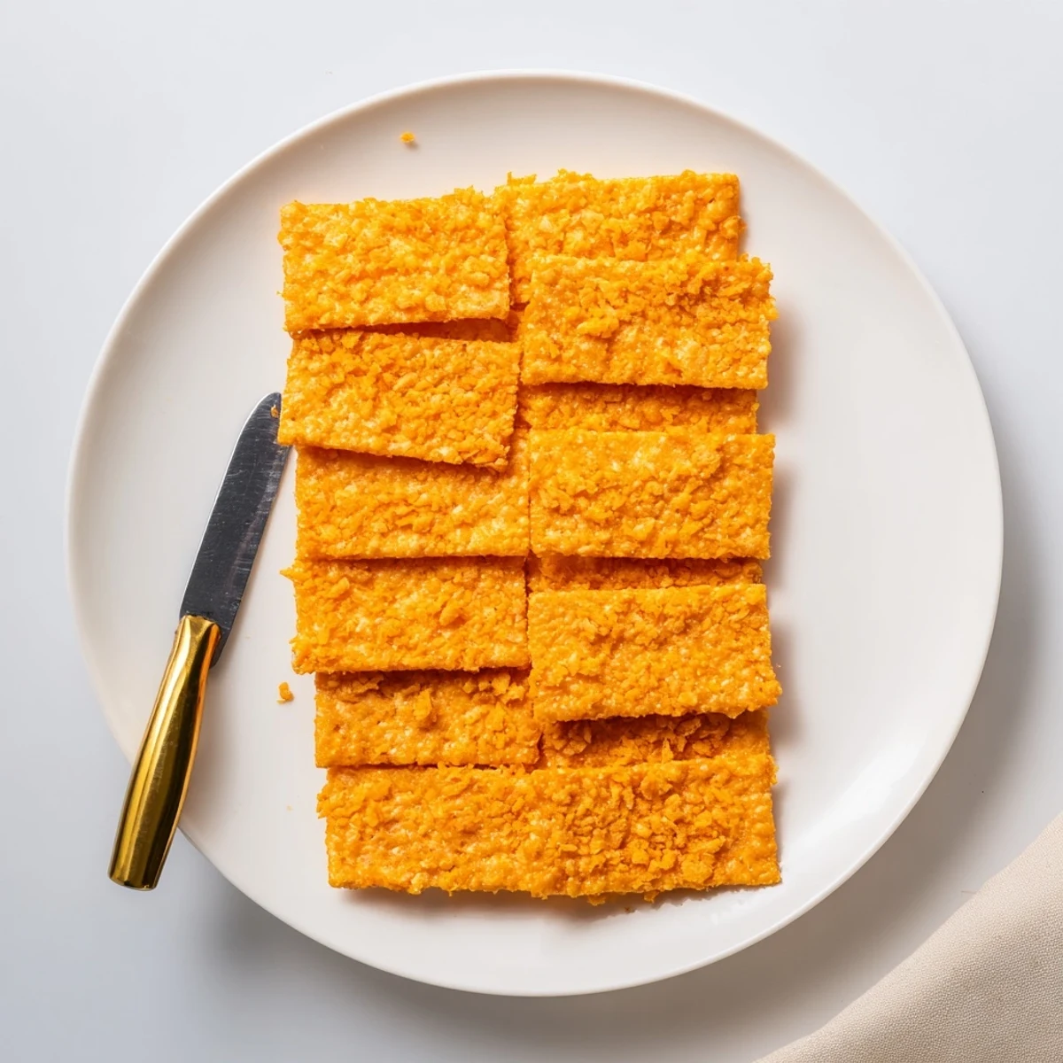 Freshly baked Crispy Cheeto Cheese Crackers stacked on a white plate, perfect for a movie night snack or party appetizer.