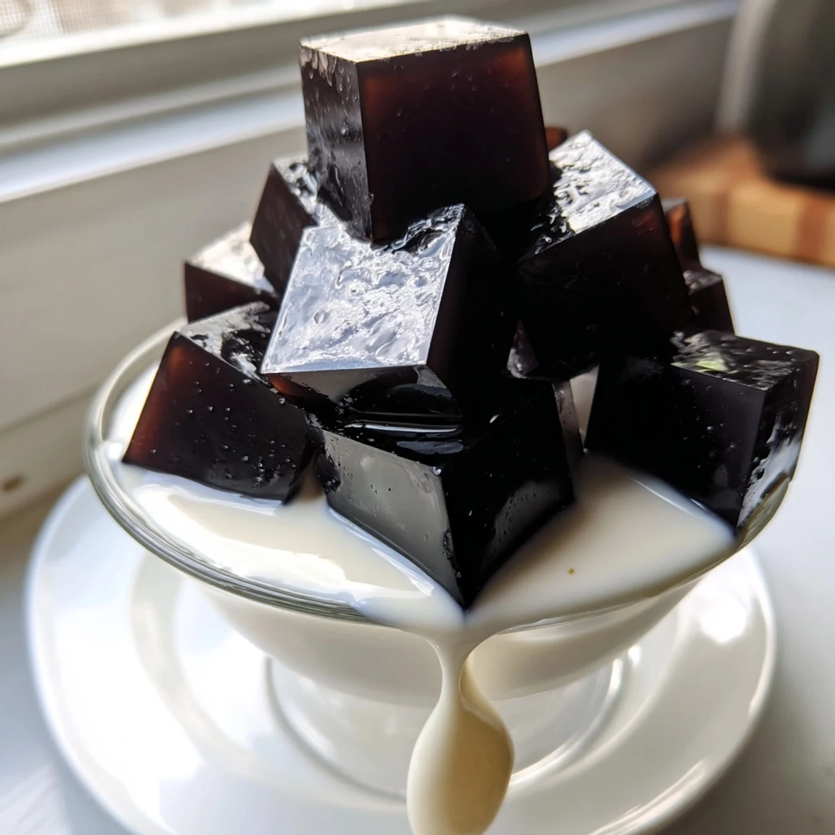 Cubes of dark coffee jelly glistening and layered in a glass, topped with a swirl of sweetened cream and a dusting of cocoa powder.