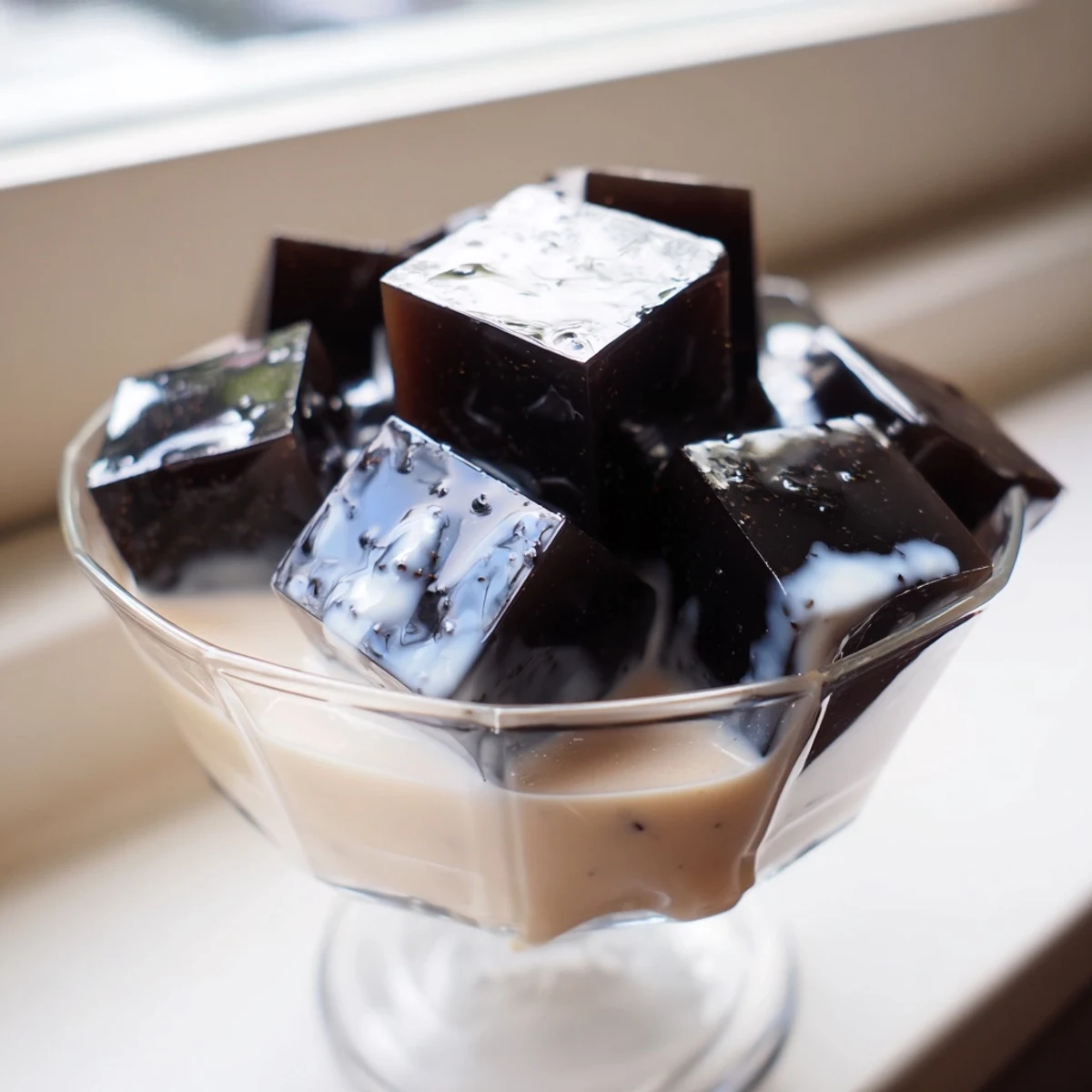 A close-up view of homemade Japanese coffee jelly dessert served in a clear glass, showcasing the glossy texture and creamy topping.