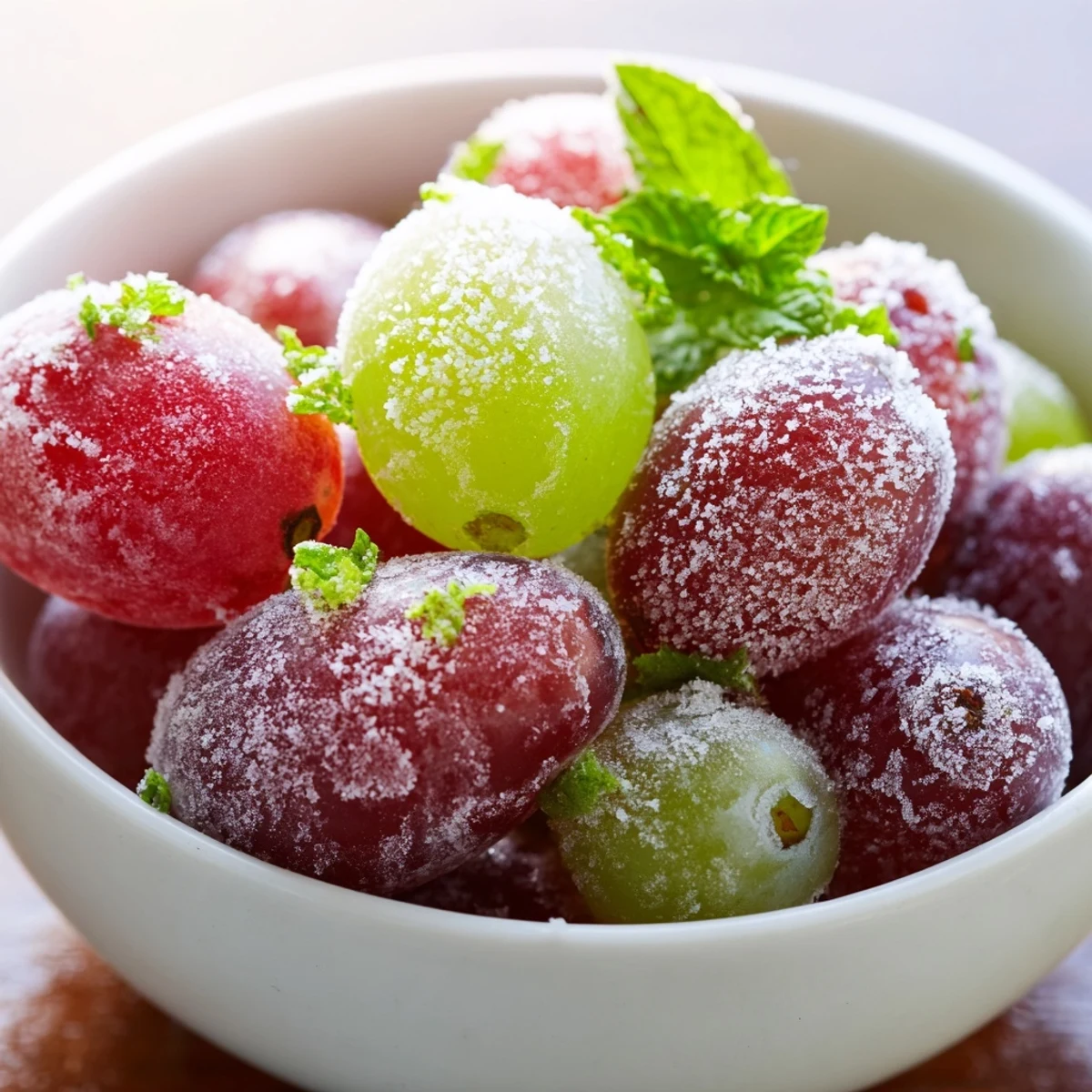 Frozen grapes spa treat served in a glass bowl with fresh mint garnish for a refreshing snack.