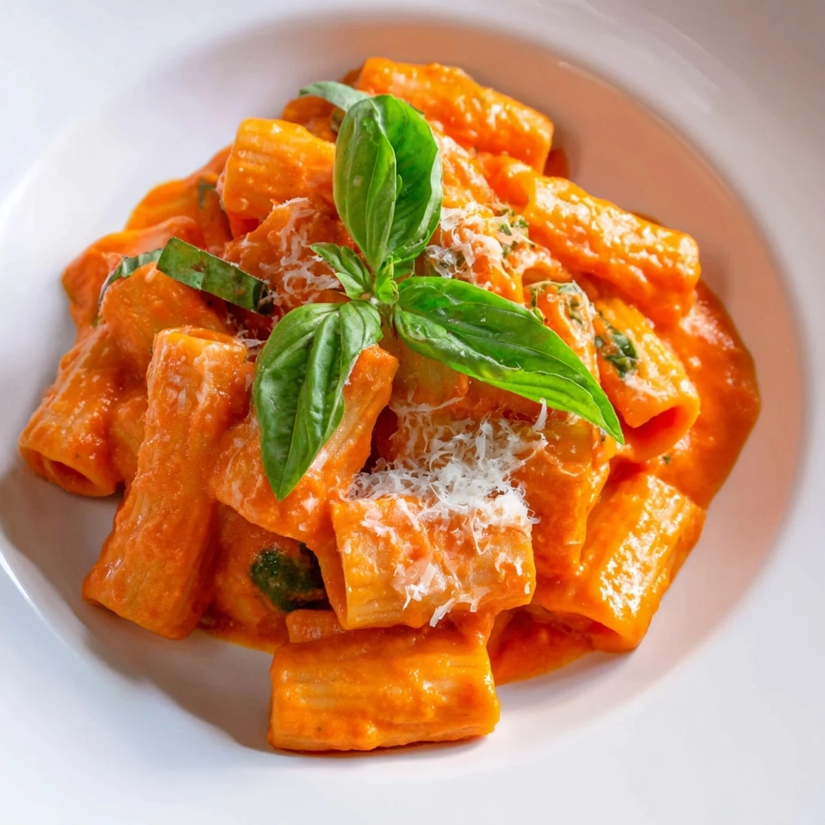 A vibrant bowl of creamy Hidden Veggie Tomato Pasta Sauce tossed with penne and fresh basil garnish.