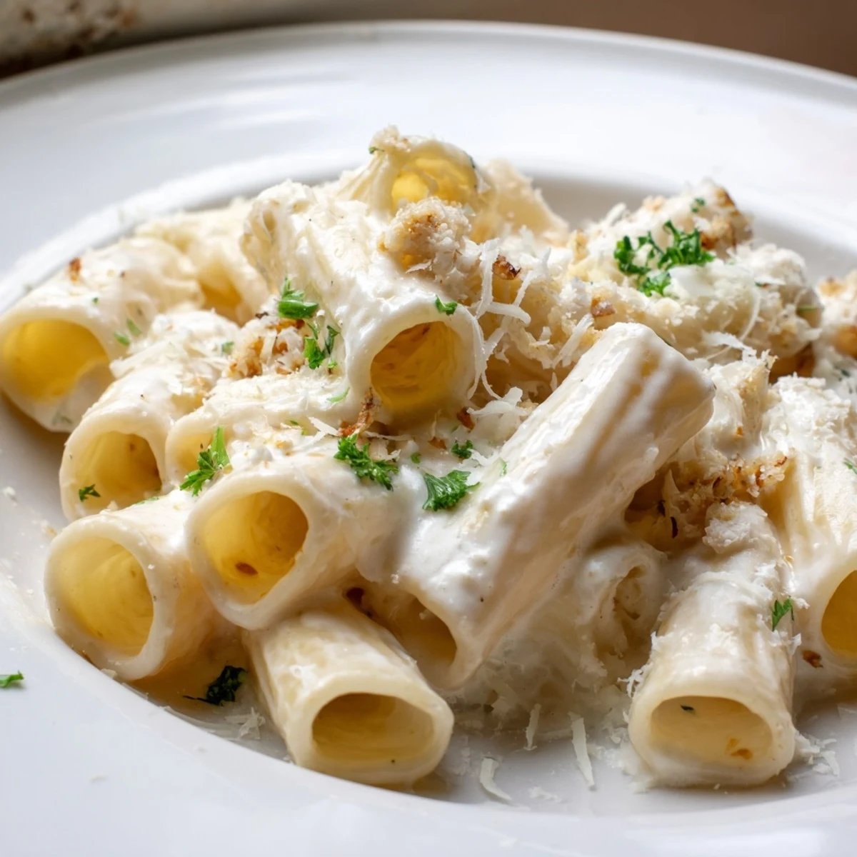 A steaming bowl of Creamy Milk Pasta One-Pot garnished with fresh parsley and extra Parmesan.