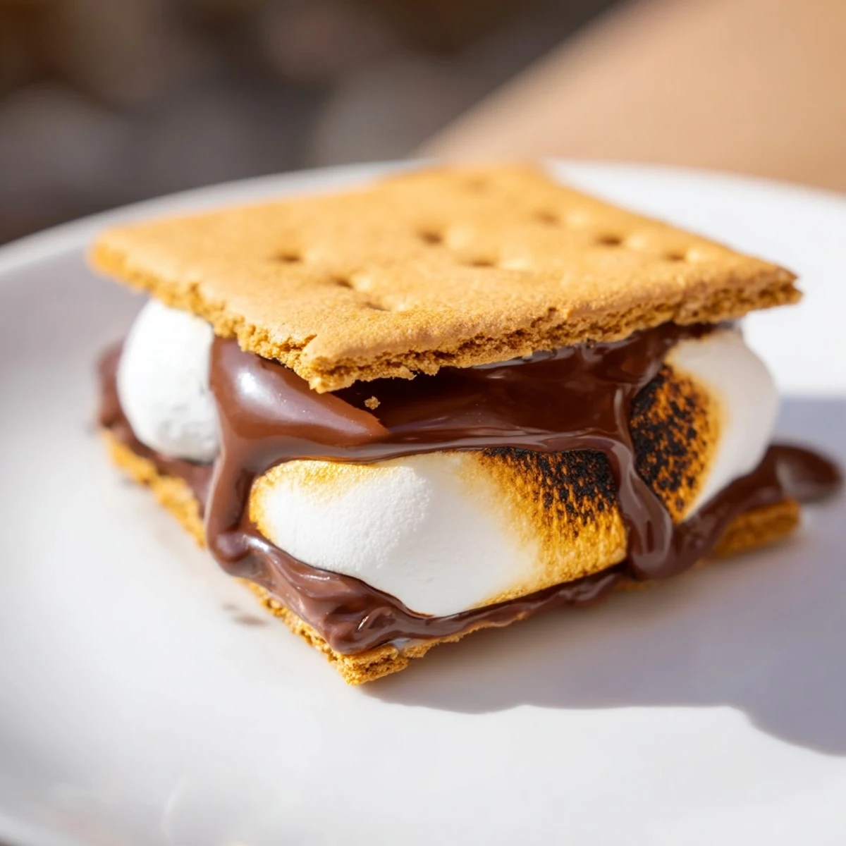Warm, gooey Air Fryer S'mores with a golden-brown marshmallow center, ready to serve on a cozy dessert plate.