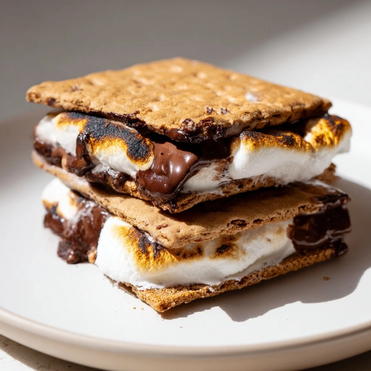 Freshly made Air Fryer S'mores stacked high, showcasing the melted chocolate and perfectly puffed marshmallow filling.
