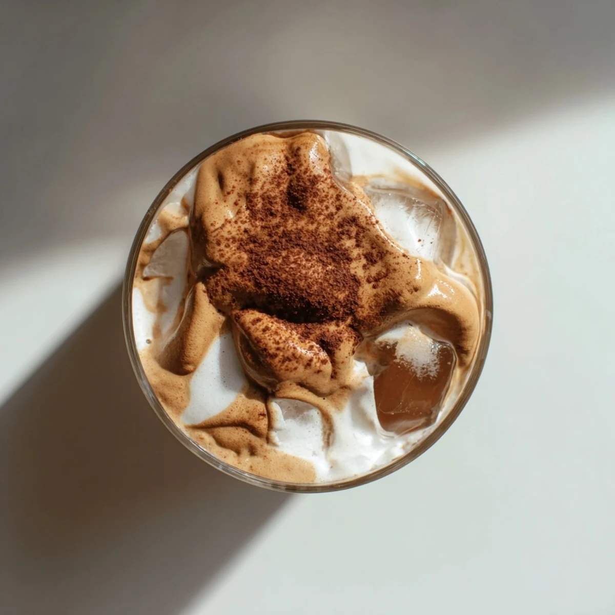 Creamy whipped Dalgona coffee floats like a cloud over cold milk in a glass, ready to sip.  