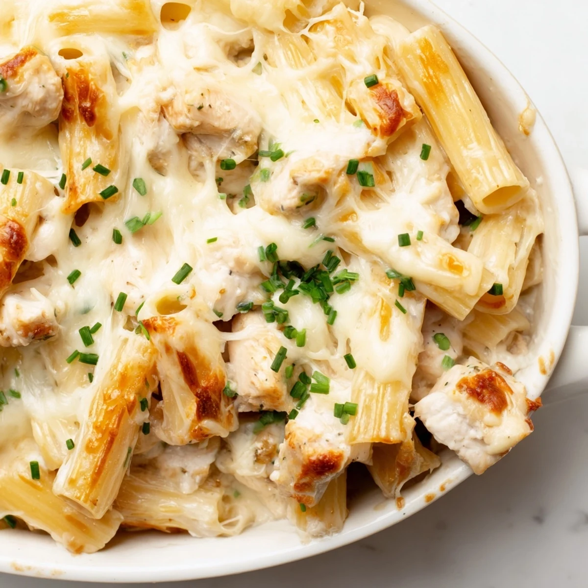 Fresh green chives garnish this golden-brown Chicken Ranch Pasta Bake, with bubbly mozzarella cheese melting over tender pasta and chicken in a creamy ranch sauce.