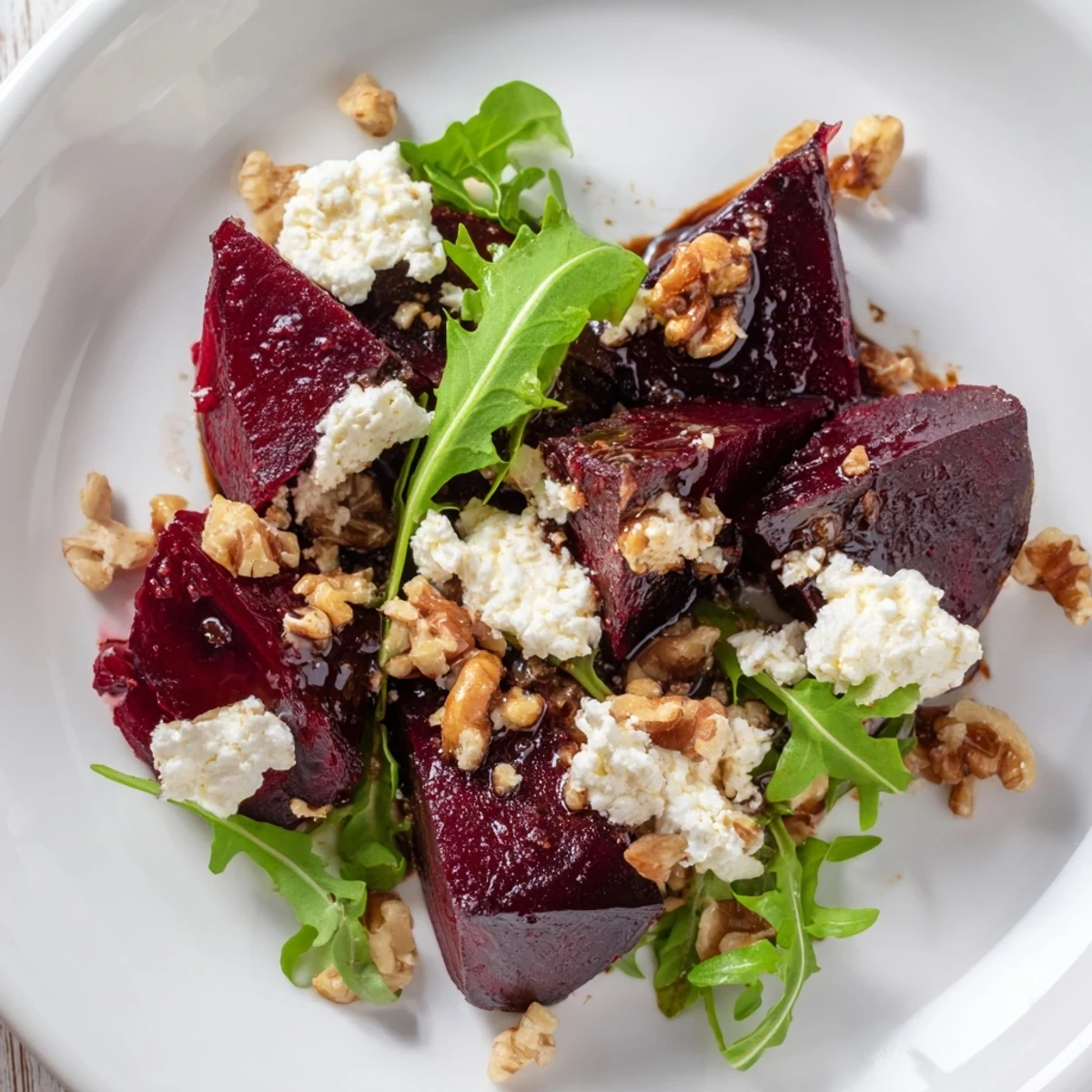 A close-up of the roasted beet goat cheese salad drizzled with glossy balsamic vinaigrette and topped with chopped walnuts.  