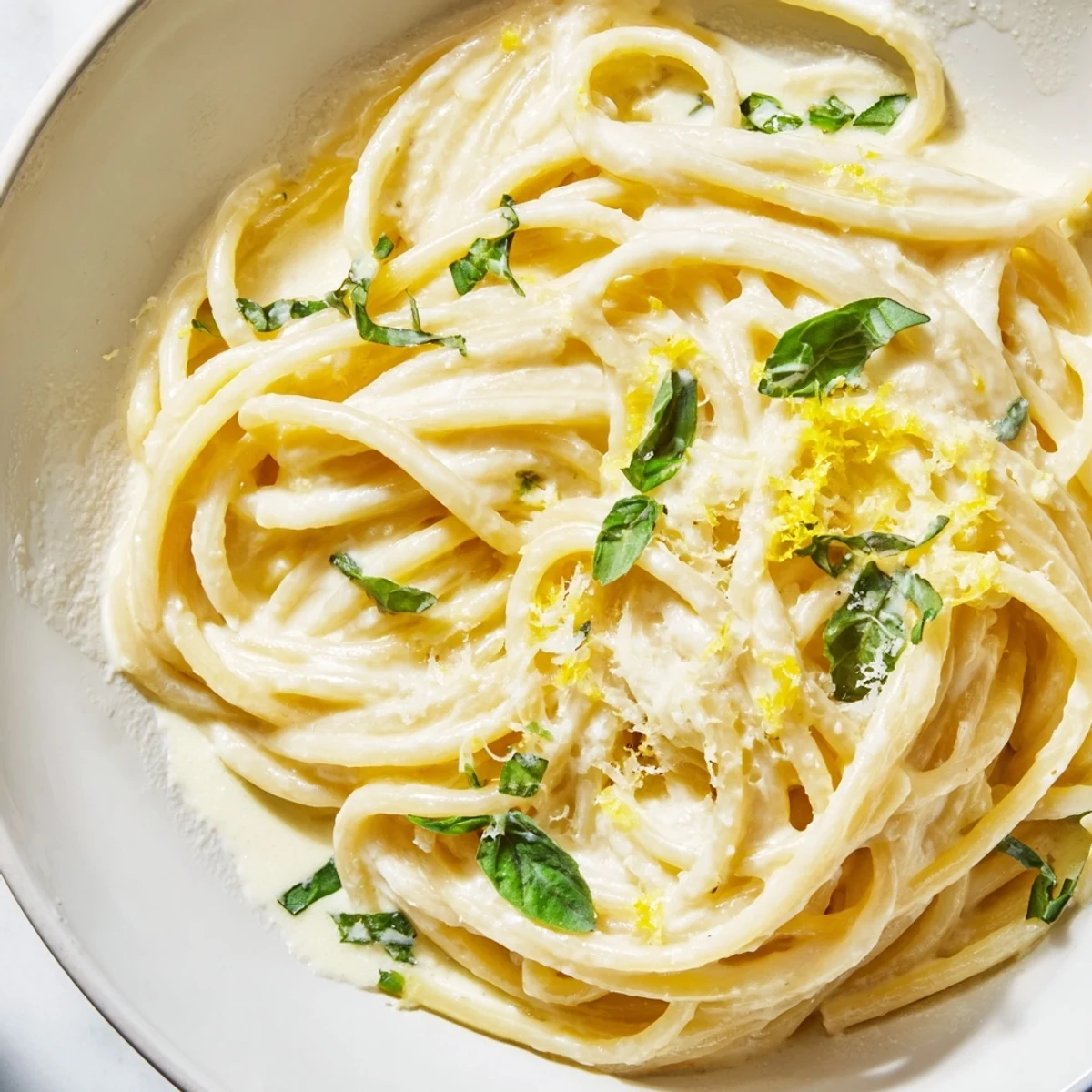 A close-up of vibrant Lemon Ricotta Pasta in a white bowl, featuring creamy sauce, lemon zest, and fresh basil leaves for garnish.