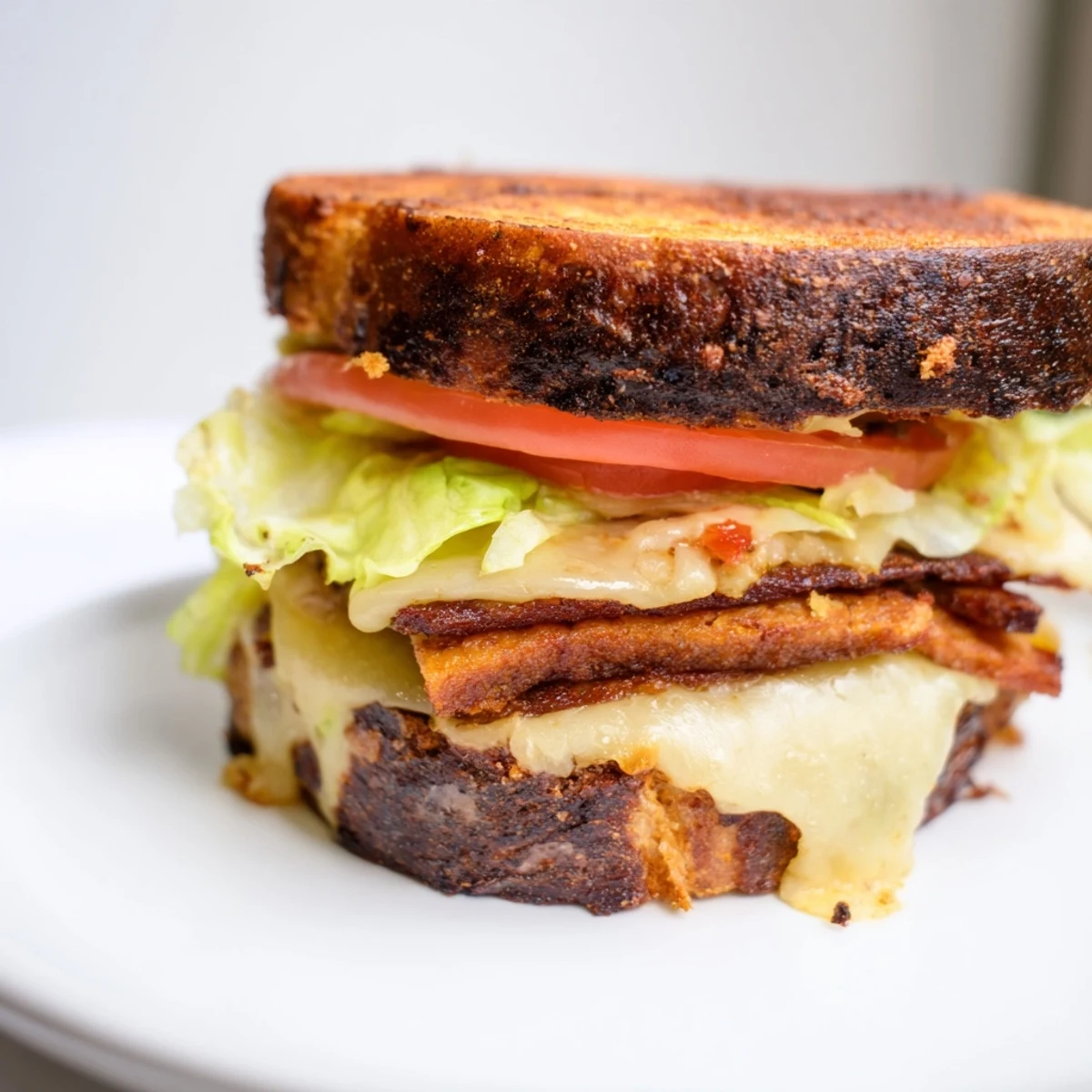 Golden-brown grilled sourdough holds melty vegan cheese, smoky tempeh bacon, crisp lettuce, and ripe tomato slices in this Vegan Bacon BLT Grilled Cheese.