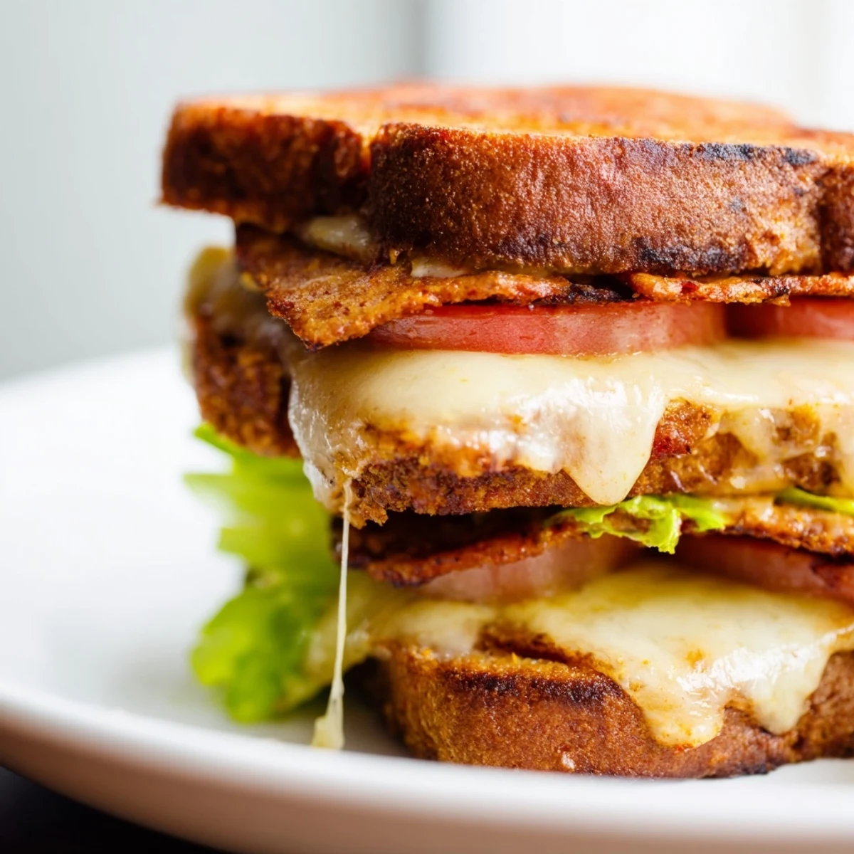 This Vegan Bacon BLT Grilled Cheese is perfectly toasted with bubbling vegan cheese, ready to serve alongside a bowl of creamy tomato soup.