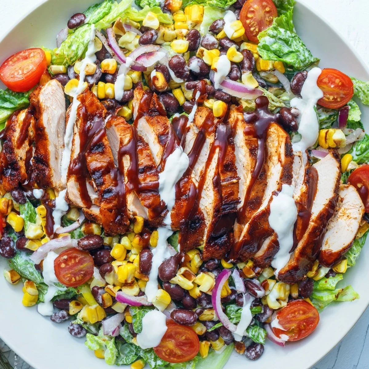 Hearty BBQ Chicken Salad combines tender BBQ chicken with creamy avocado and zesty ranch, served on a bed of crunchy romaine.