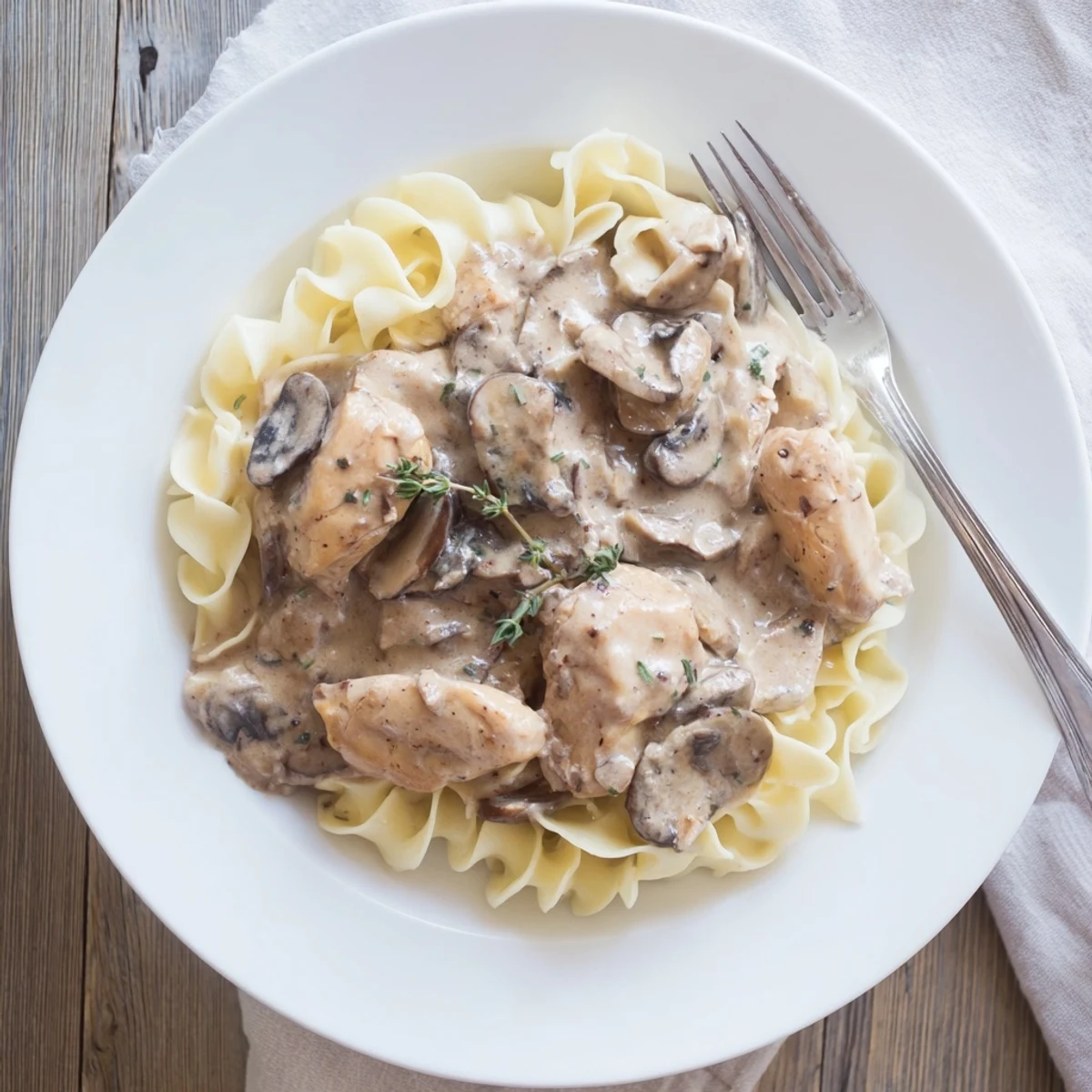 Steaming plate of Chicken and Mushroom Stroganoff featuring tender meat, earthy mushrooms, and a velvety sauce garnished with parsley.