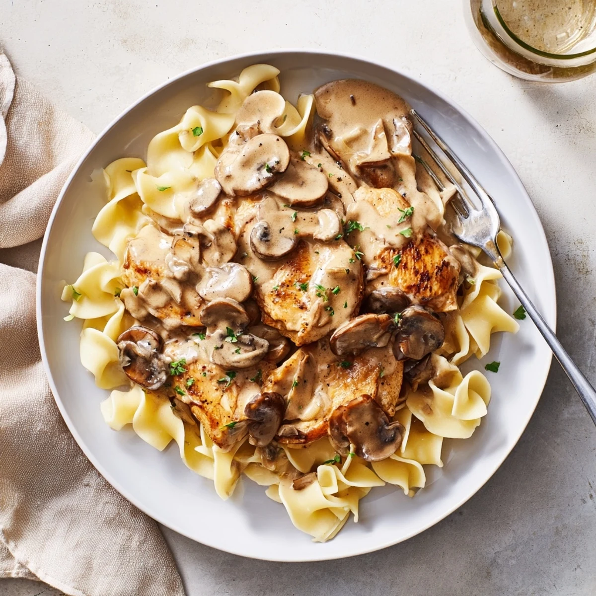 Comforting bowl of Chicken and Mushroom Stroganoff, with golden noodles and a creamy sauce, ready for a family dinner.