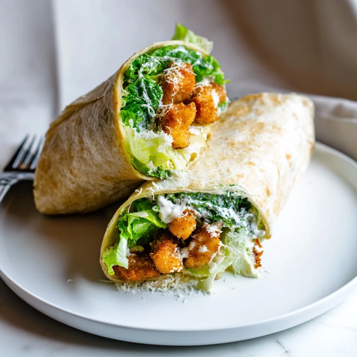 A freshly assembled Crispy Chicken Caesar Wrap on a rustic wooden table, featuring golden fried chicken, crisp romaine, shaved Parmesan, and creamy Caesar dressing.