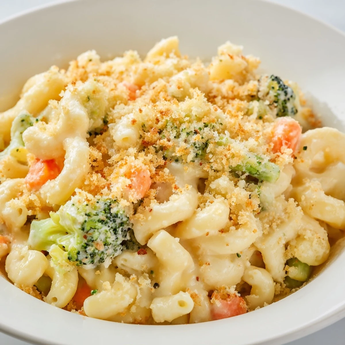 Savory Garden Veg Mac and Cheese with a crispy panko topping, served warm from the oven alongside a fresh salad.