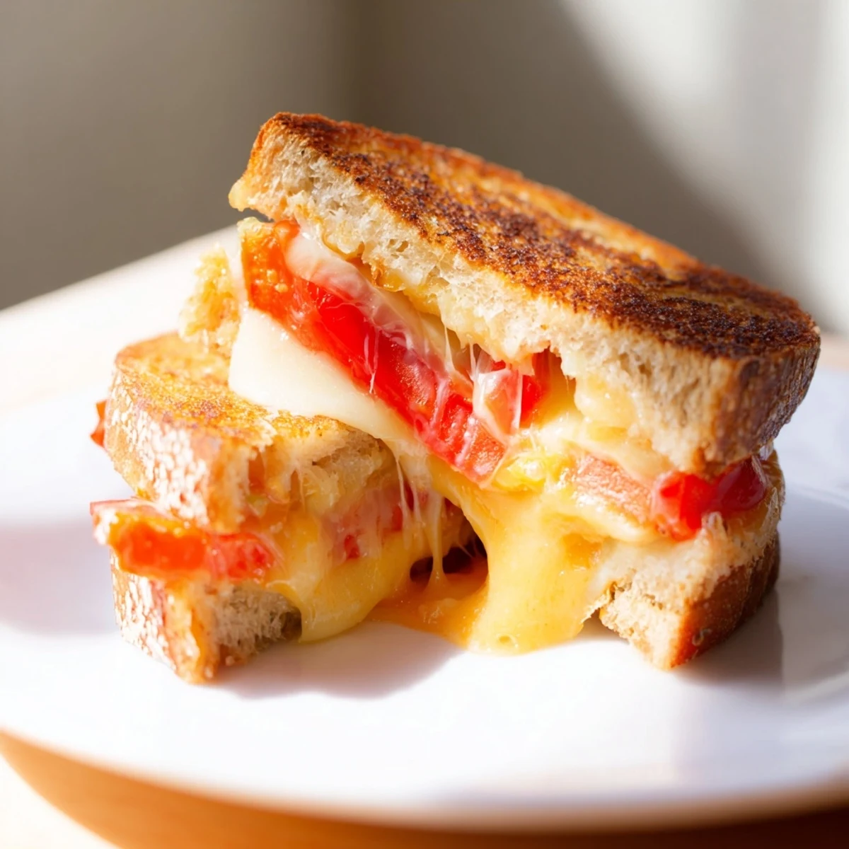 Sizzling Pepper Jack & Tomato Grilled Cheese with golden, crispy bread and melted cheese overflowing from the sides.  