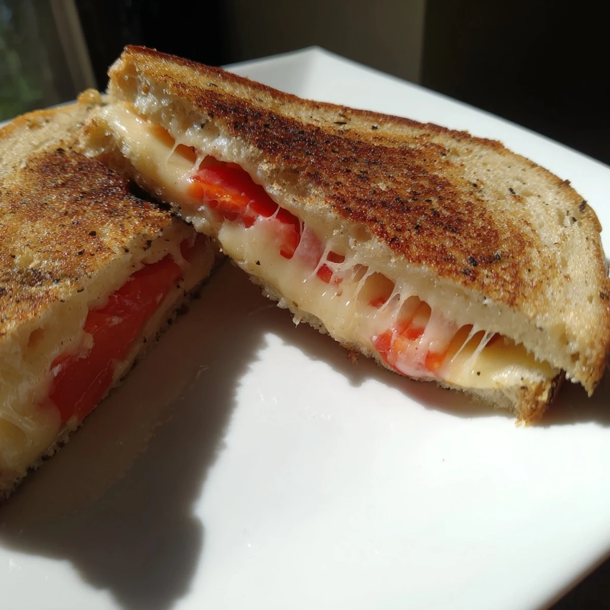 Close-up of Pepper Jack & Tomato Grilled Cheese, showing juicy tomato slices and spicy pepper jack melting on jalapeño bread.