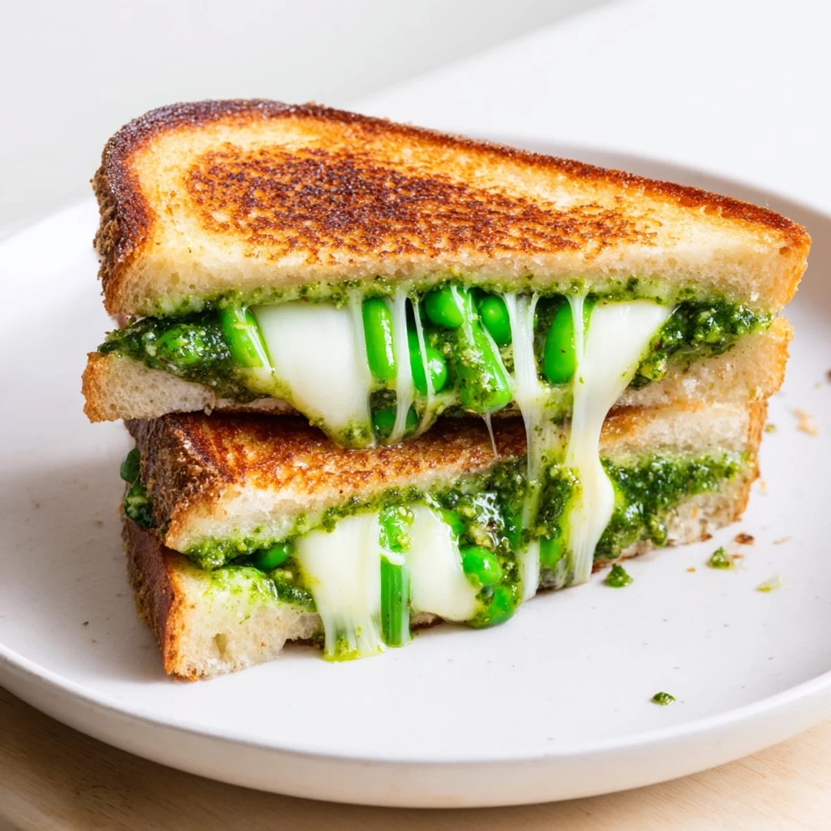 Golden, crispy sourdough slices filled with vibrant spring pea pesto and melted mozzarella, showcasing a bright, cheesy grilled cheese sandwich.  