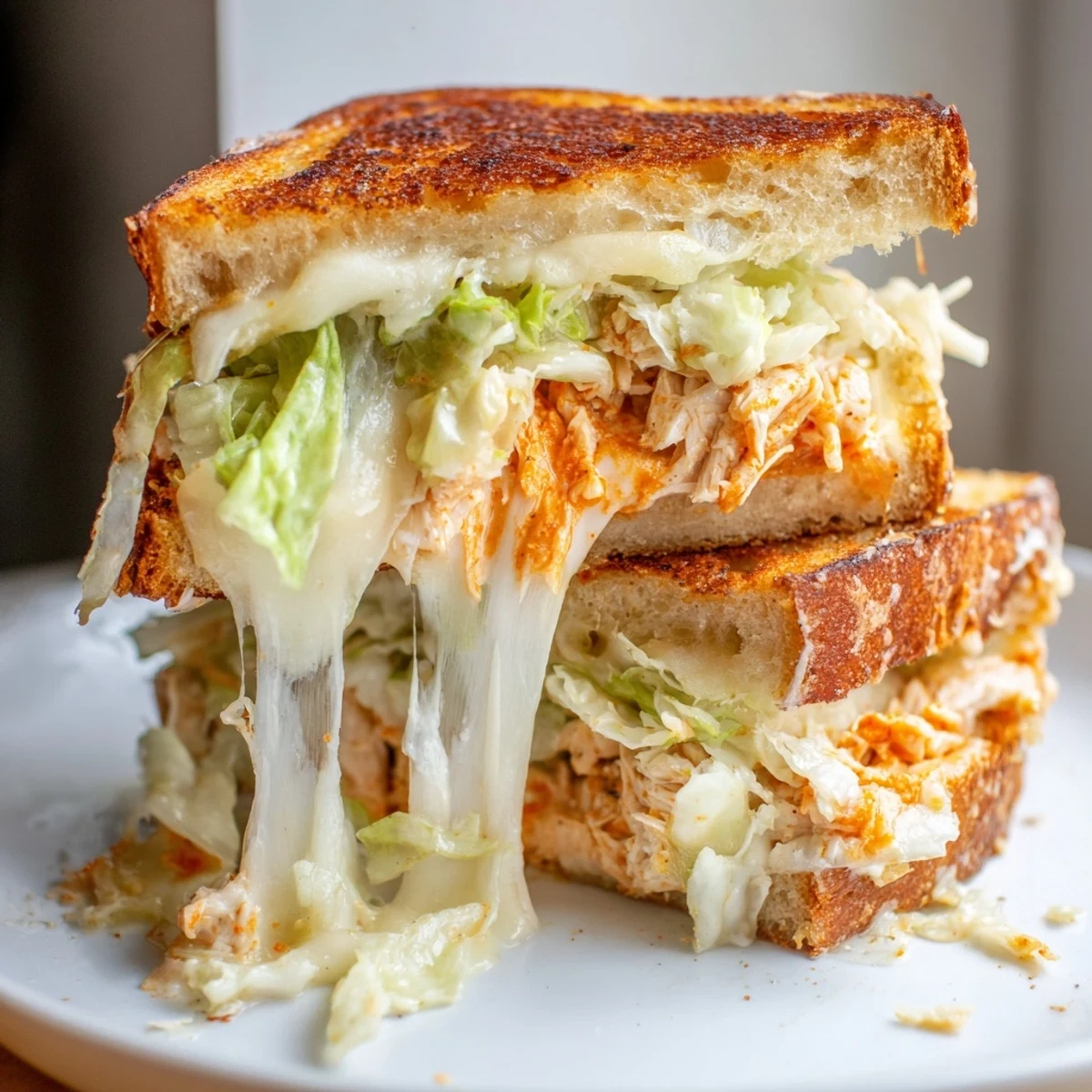 A close-up of a Buffalo Chicken Caesar Grilled Cheese sandwich shows golden-brown bread and gooey, spicy filling.  