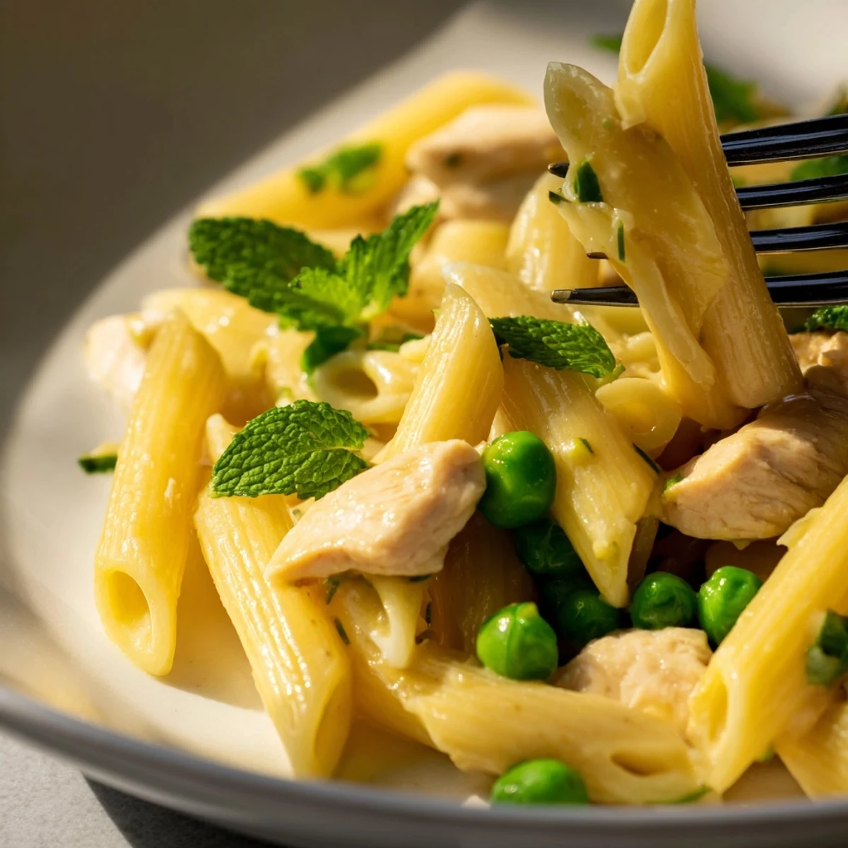 The finished Pea & Mint Chicken Pasta showcases tender chicken strips and bright green peas coated in a creamy lemon sauce.  
