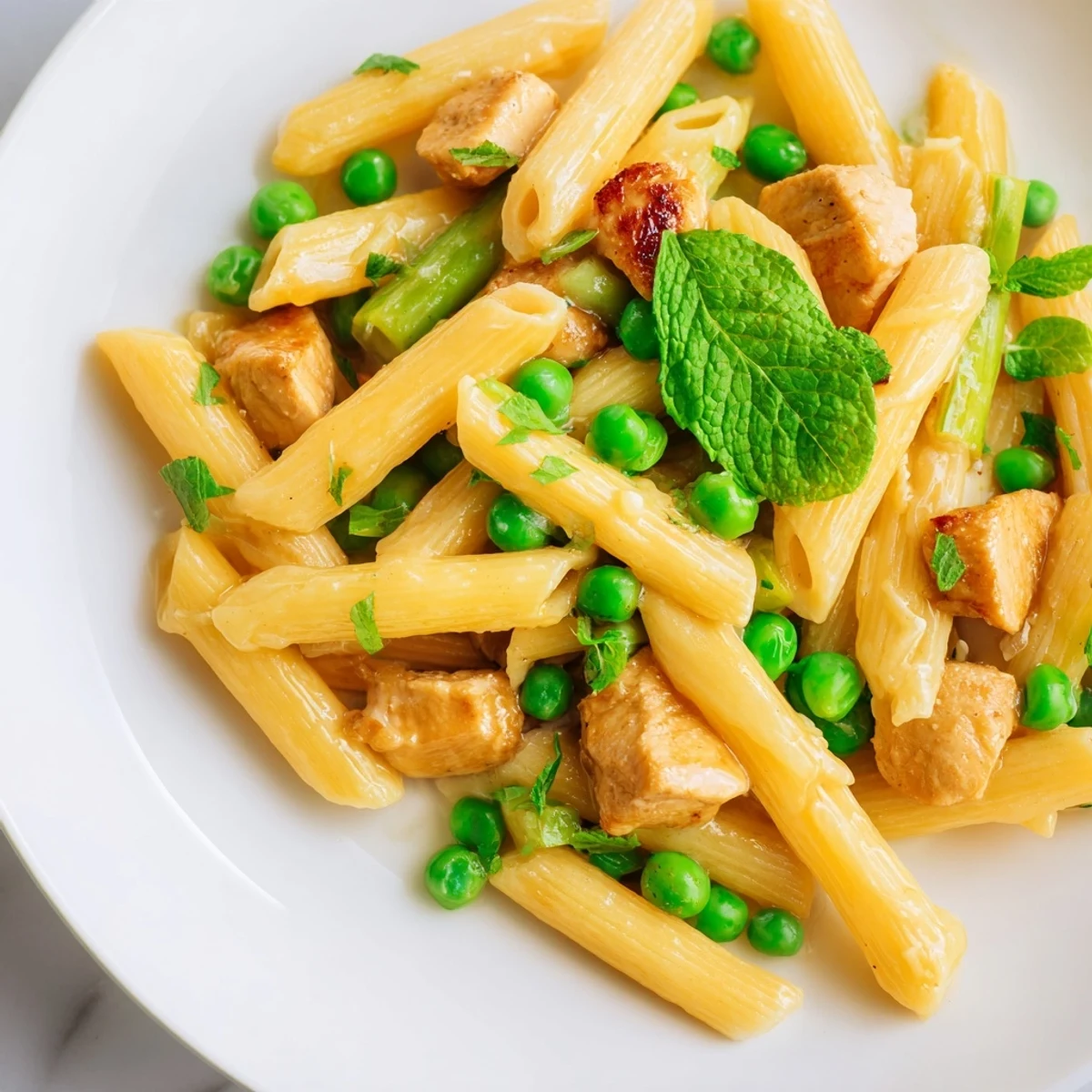 Close-up of a steaming plate of Pea & Mint Chicken Pasta with vibrant mint leaves and lemon zest garnish.