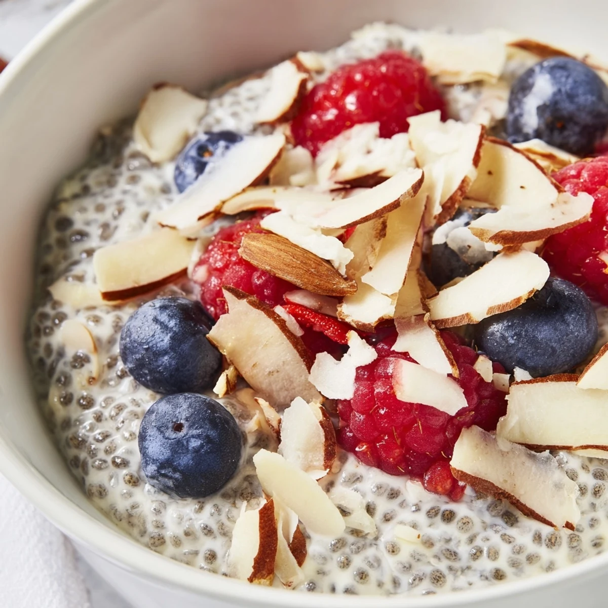 Creamy Poppy Seed Chia Pudding layered in a glass jar, topped with fresh blueberries and toasted almonds for a nourishing breakfast.
