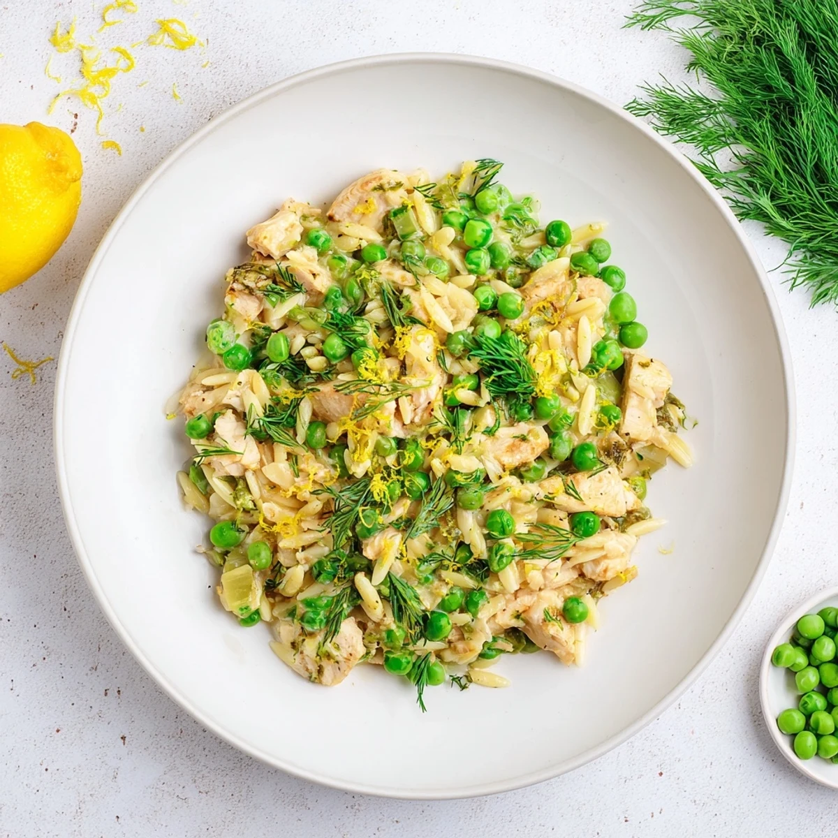 A hearty one-pan Lemon Herb Chicken Orzo Skillet garnished with fresh parsley and dill, ready to serve.