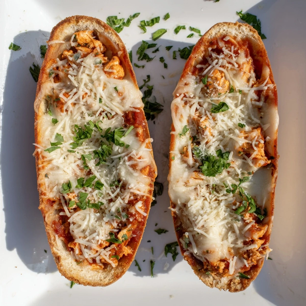 Golden Garlic Bread Boats filled with tender chicken and marinara, topped with melted mozzarella and Parmesan.