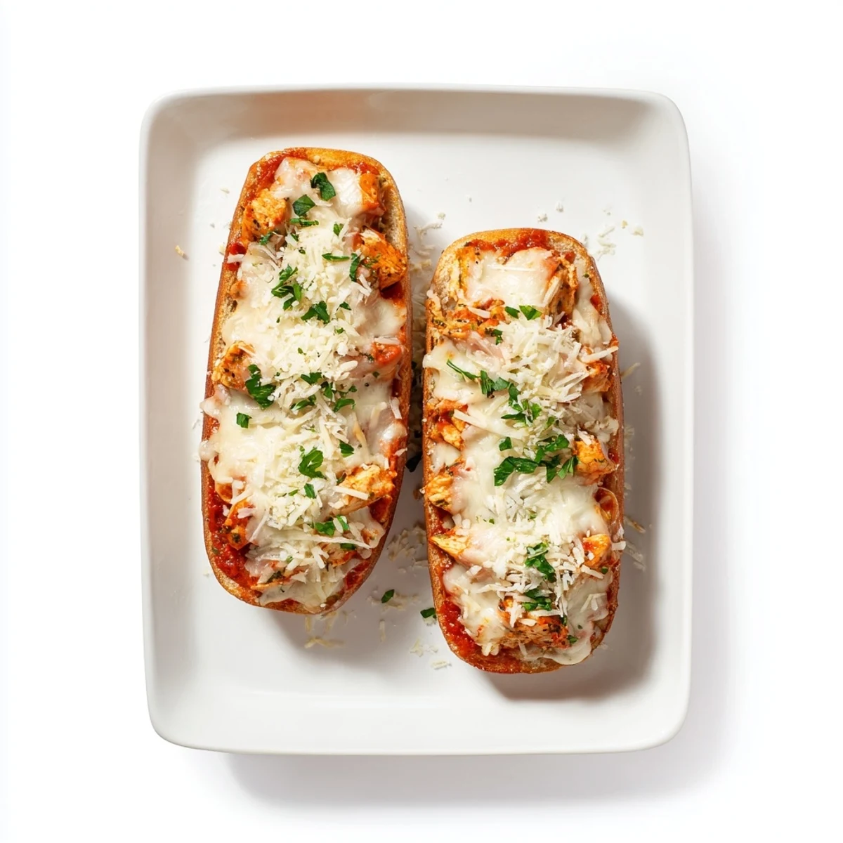Sliced serving of Chicken Parm Stuffed Garlic Bread revealing savory marinara chicken layers and golden garlic crust.