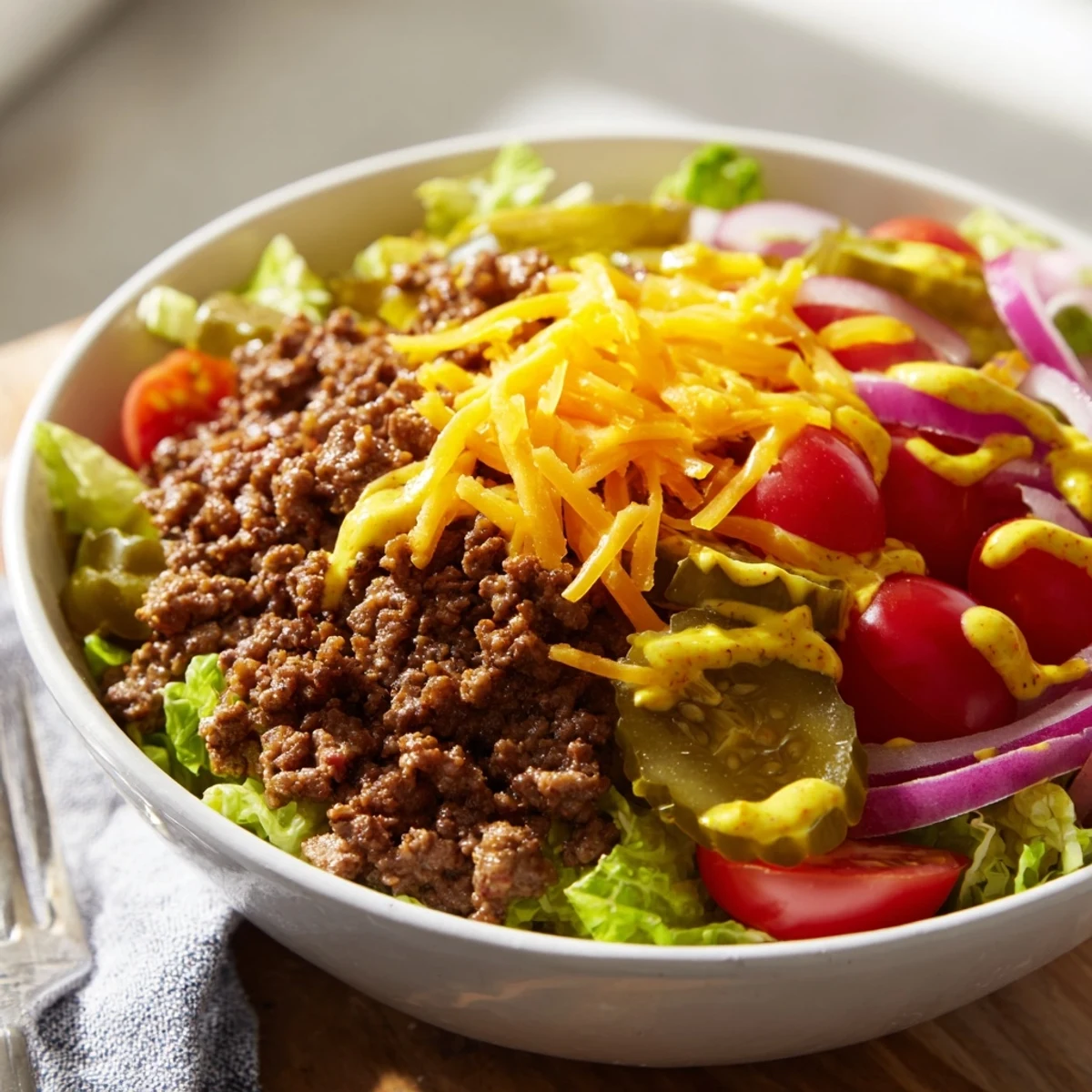 A bowl of Easy Big Mac in a Bowl features seasoned ground beef, crisp romaine lettuce, chopped tomatoes, onions, pickles, and shredded cheddar cheese, all drizzled with a tangy special sauce.