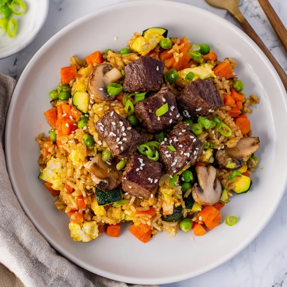 Sizzling cubes of sirloin steak and vibrant diced vegetables wok-tossed in a pan of fluffy jasmine rice for this Easy Hibachi Steak With Fried Rice recipe.  