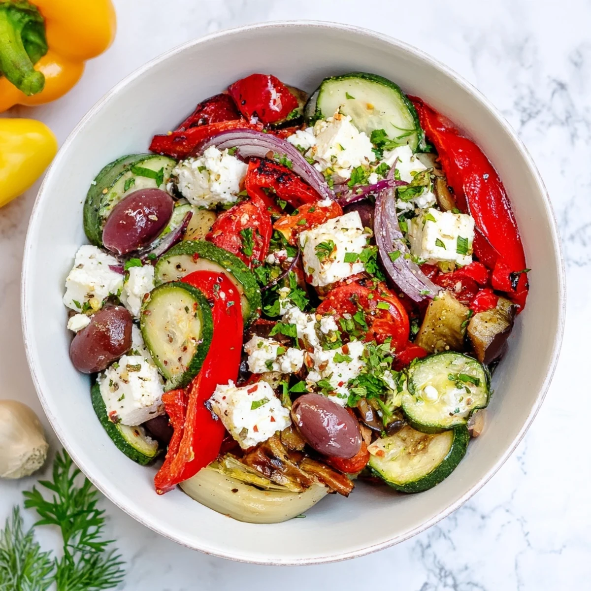Colorful roasted Mediterranean veggies tossed with briny olives and creamy feta, served warm for an easy vegetarian dinner side.