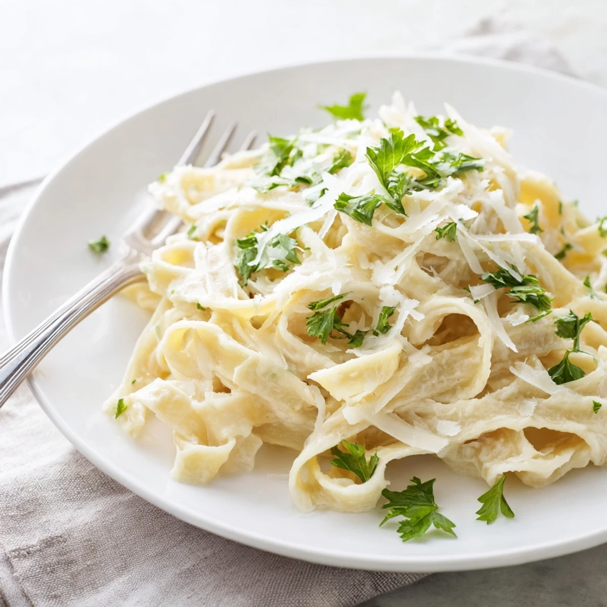 A close-up of Easy Creamy Cauliflower Alfredo, with steam rising from freshly tossed pasta in a rustic bowl.  
