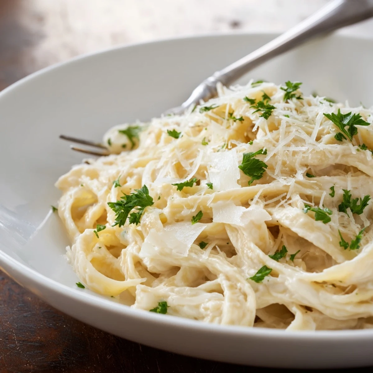 Plate of Easy Creamy Cauliflower Alfredo next to a glass of white wine and a sprinkle of black pepper.