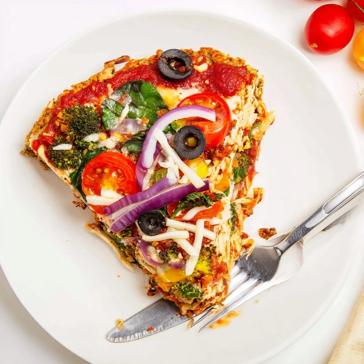 Golden baked Broccoli Chicken Crust Pizza piled high with vibrant, colorful toppings.