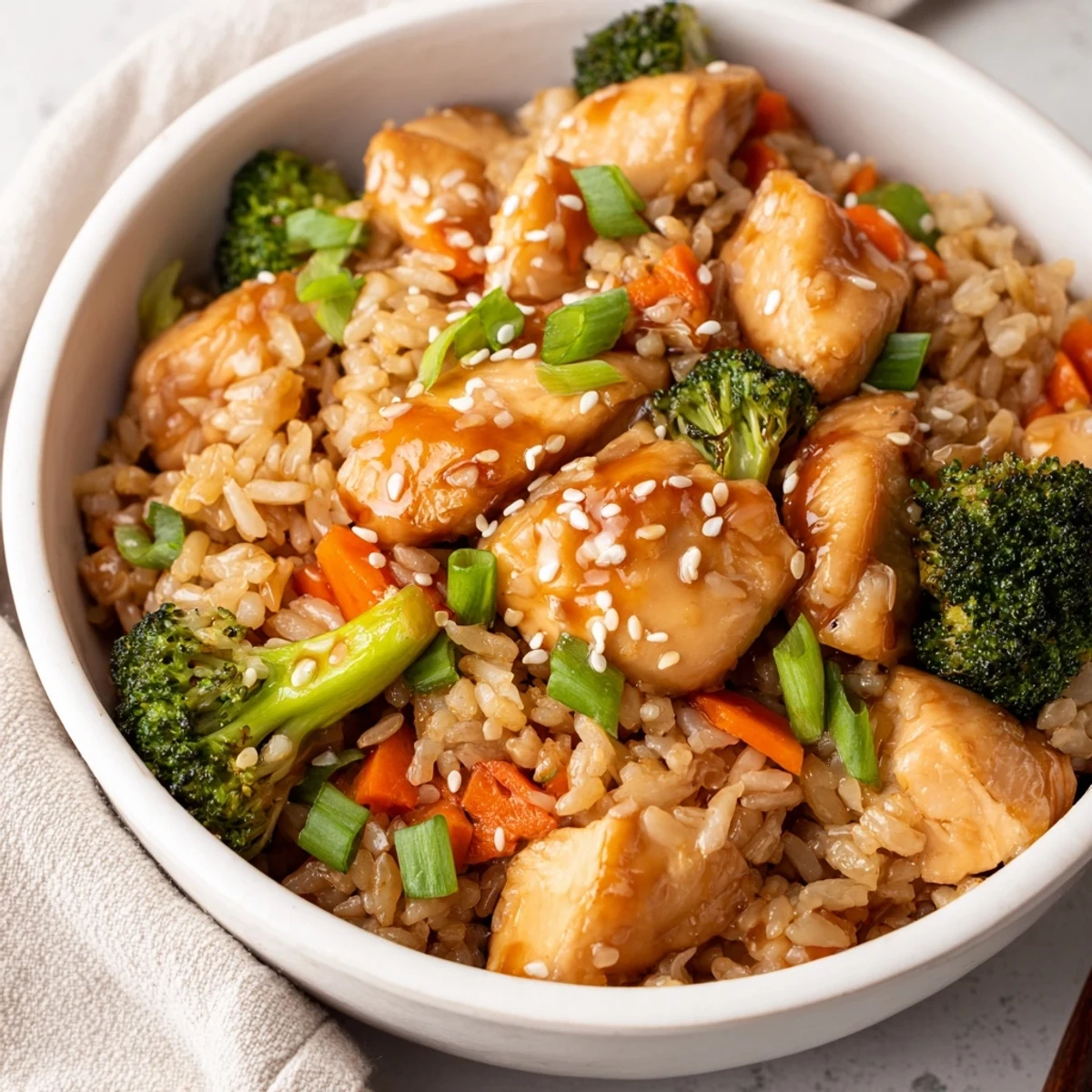 Dinner featuring tender chicken, vivid broccoli, and savory honey garlic rice, perfectly cooked.
