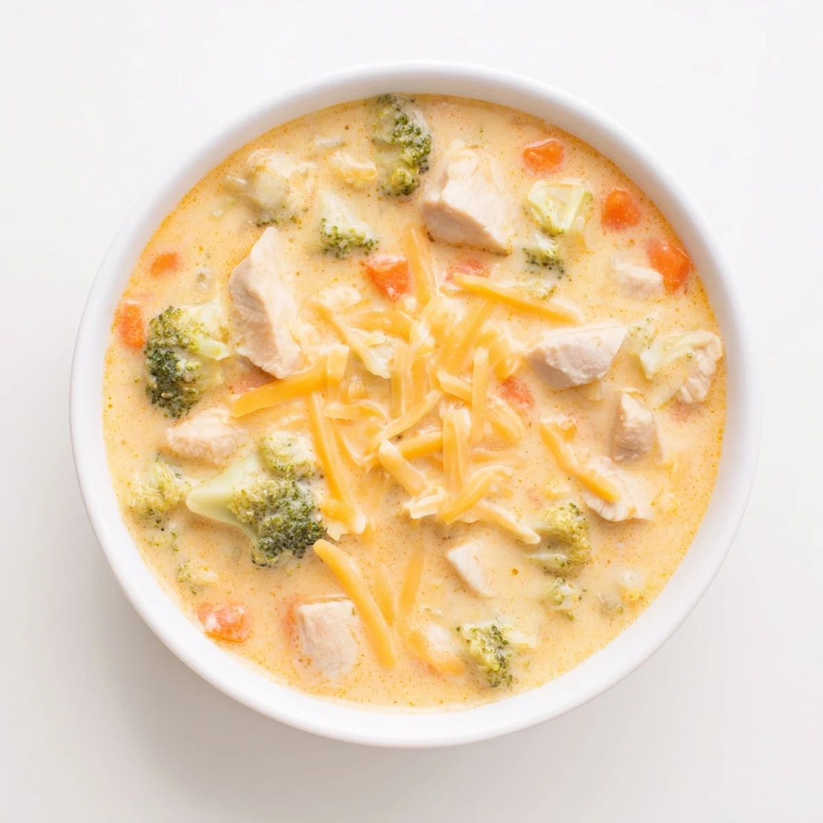 Steaming bowl of creamy Chicken Broccoli Cheddar Soup with tender chicken and bright green florets.  