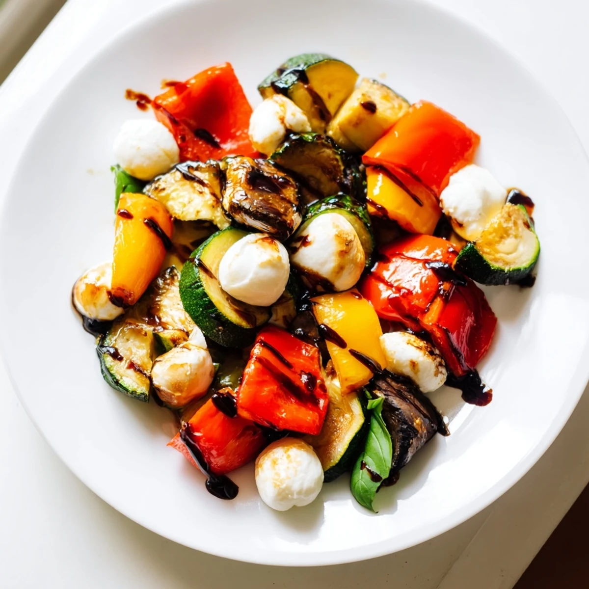 Roasted Veggie Caprese Salad with caramelized zucchini and peppers, mozzarella pearls, fresh basil, and a balsamic drizzle on a white platter.