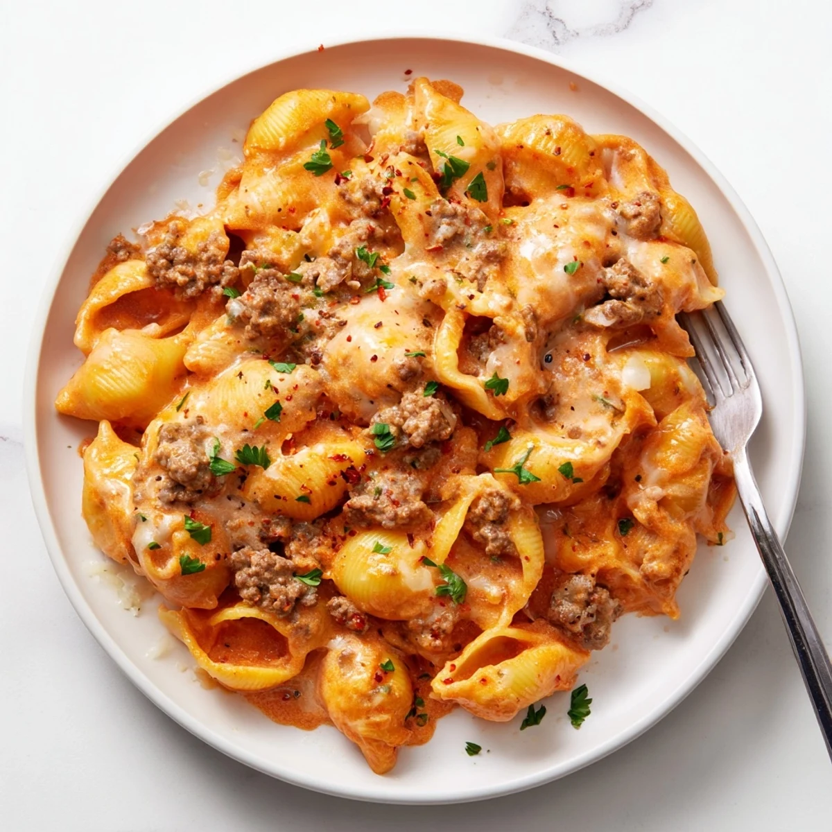 Hearty One Pot Creamy Beef and Shells, topped with fresh parsley, a weeknight delight.